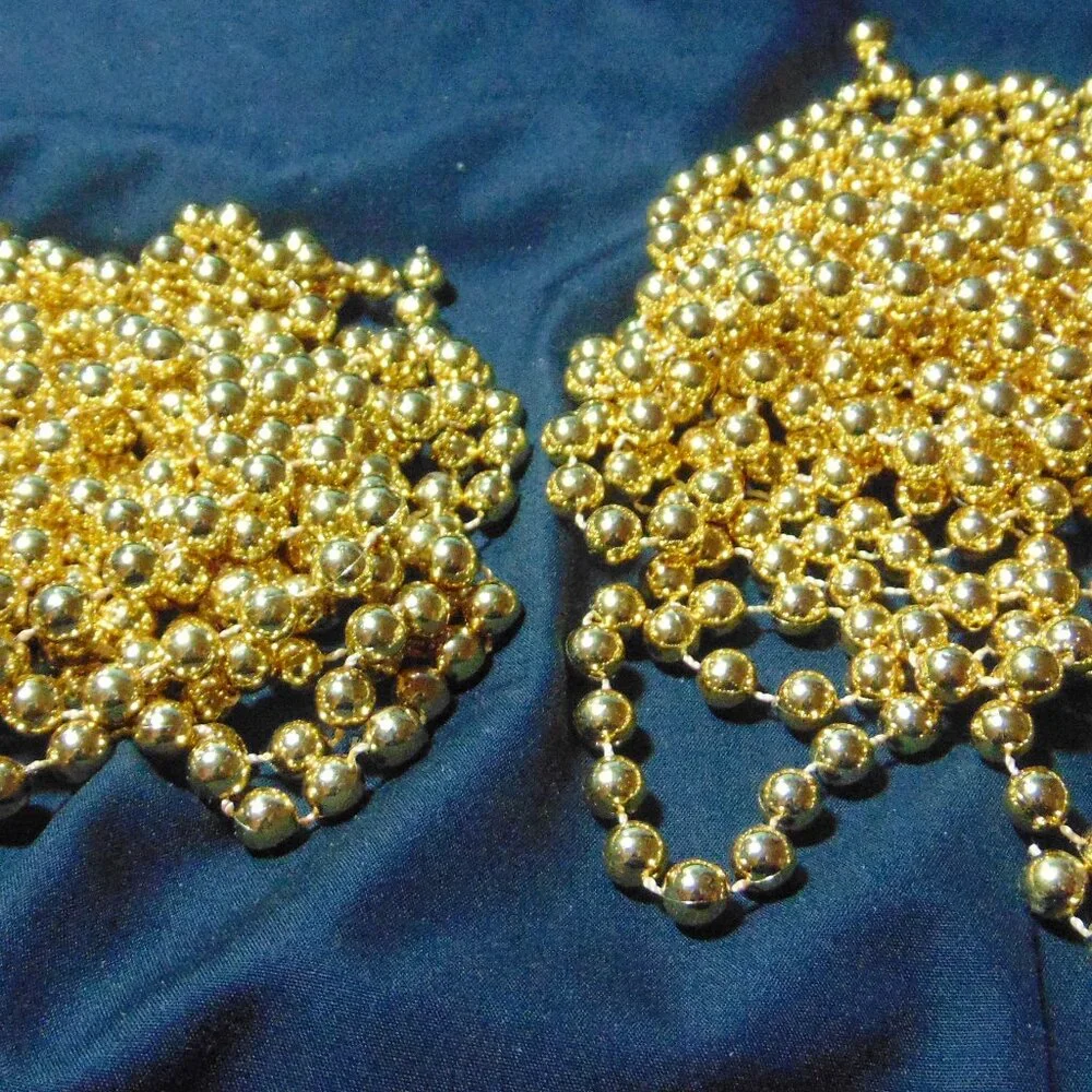 Gold bead Garland, 2 strands, Each strand 220 inches, Shiny, Excellent Condition